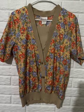 Vintage Lauren Lee Button Blouse Women’s 14 Blue Orange Floral Pullover Top